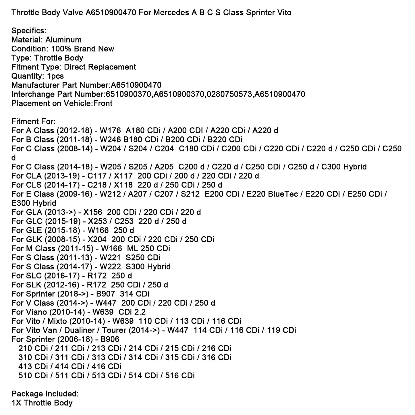 2012-2018 Mercedes Benz Classe A W176 A180 CDi / A200 CDI / A220 CDi / A220 d Valvola corpo farfallato A6510900470