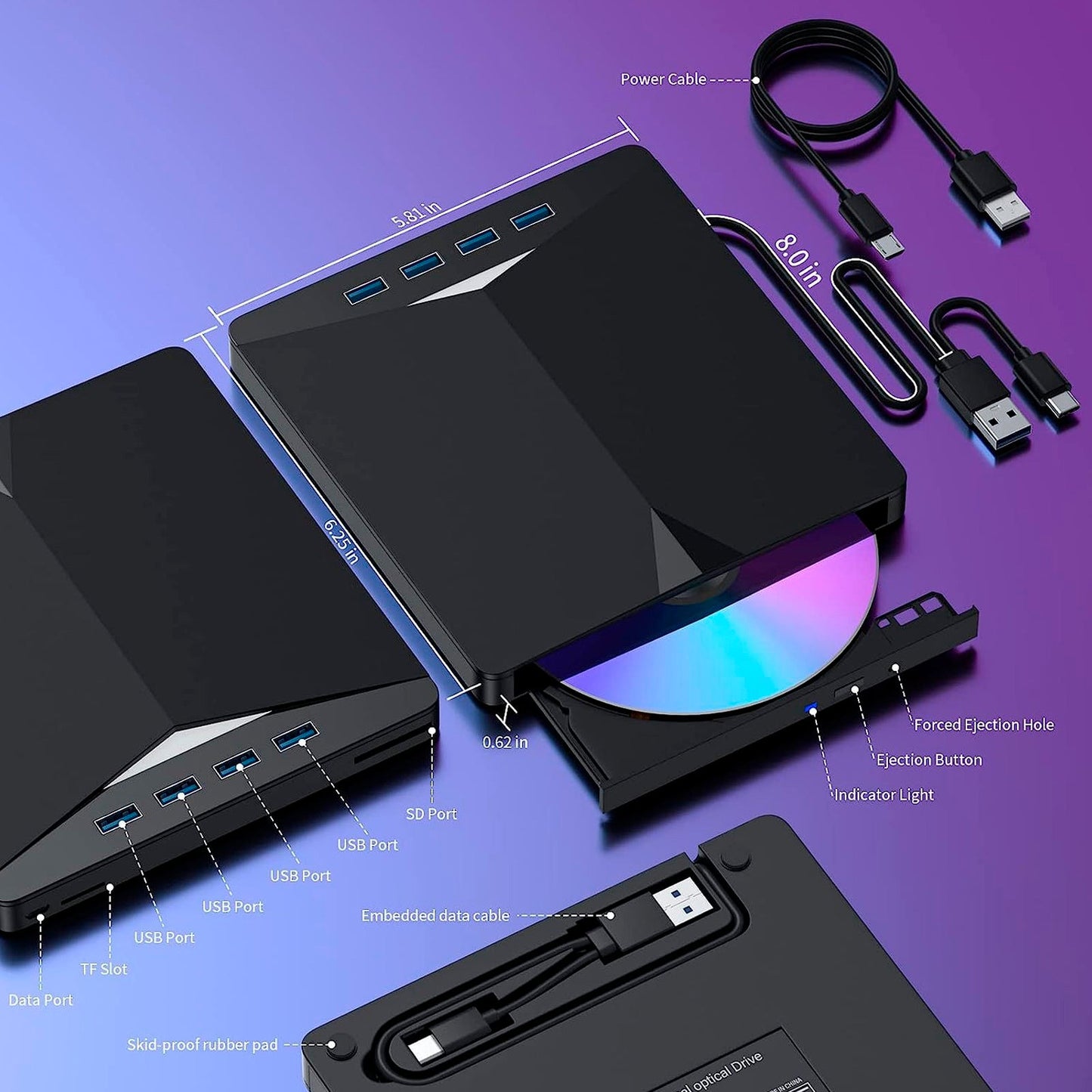 Masterizzatore BD 7 in 1 esterno USB 3.0, lettore DVD, CD, registratore 3D, lettore di film.