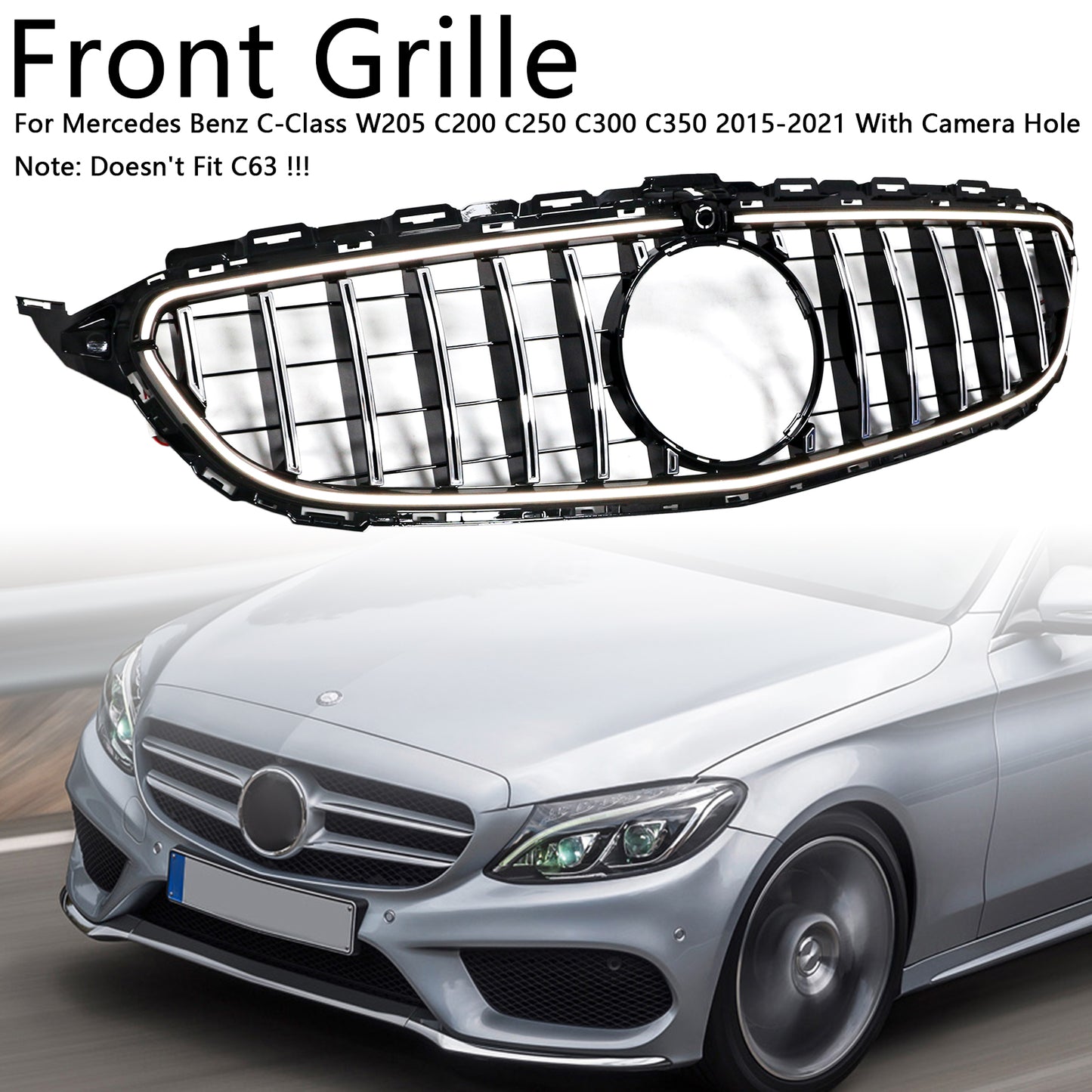 Per Mercedes W205 C250 C300 2015-2021 W/LED Griglia paraurti anteriore cromata