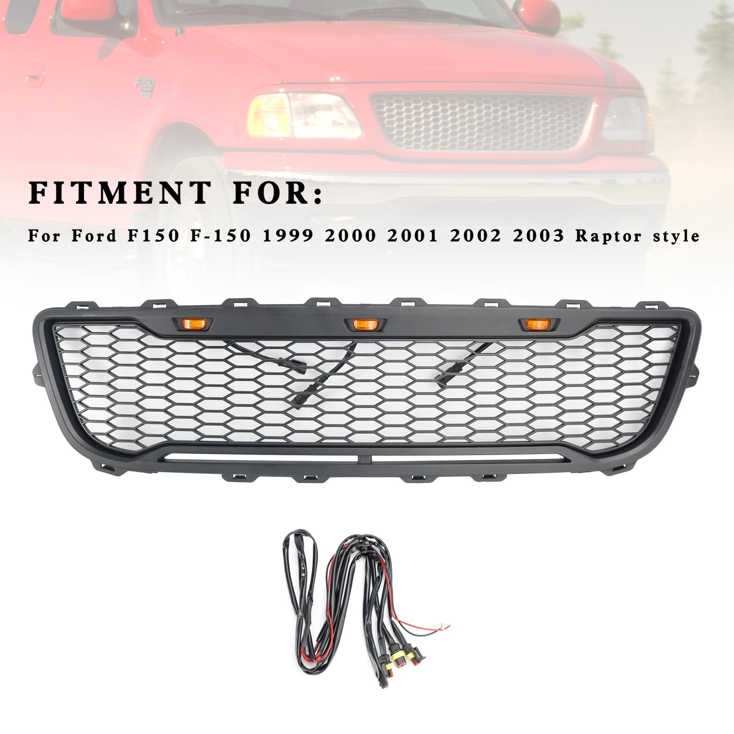1999-2003 Ford F150 Griglia per paraurti anteriore a nido d'ape nera opaca con LED