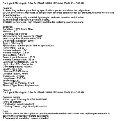 Luce auto LEDriving SL C5W 6418DWP 36MM 12V 0,6W 6000K per OSRAM