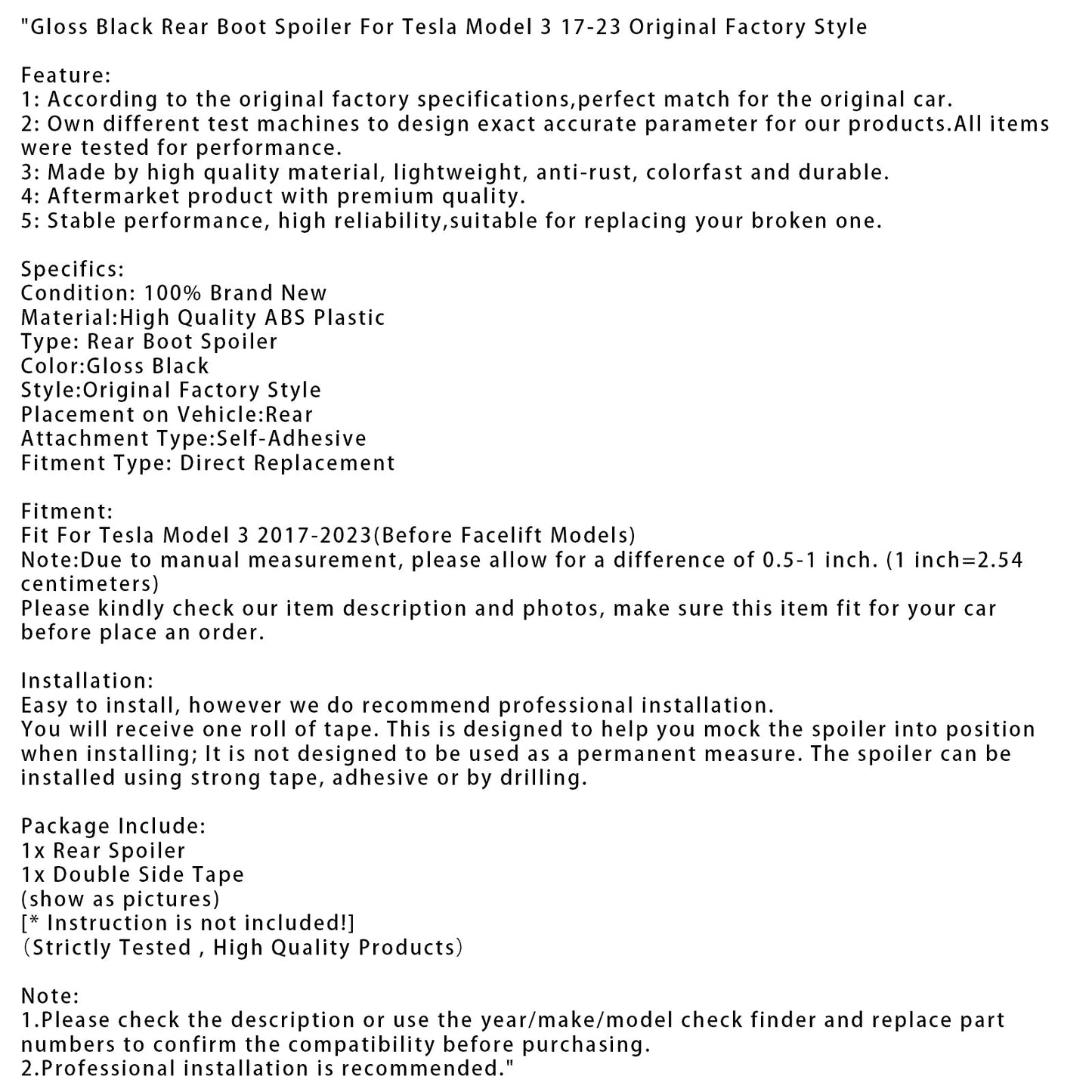 Spoiler posteriore nero lucido per Tesla Model 3 17-23, stile originale di fabbrica