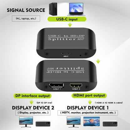 Splitter per laptop MST da tipo C a HDMI+DP 1x2, display a due schermi, un ingresso e due uscite