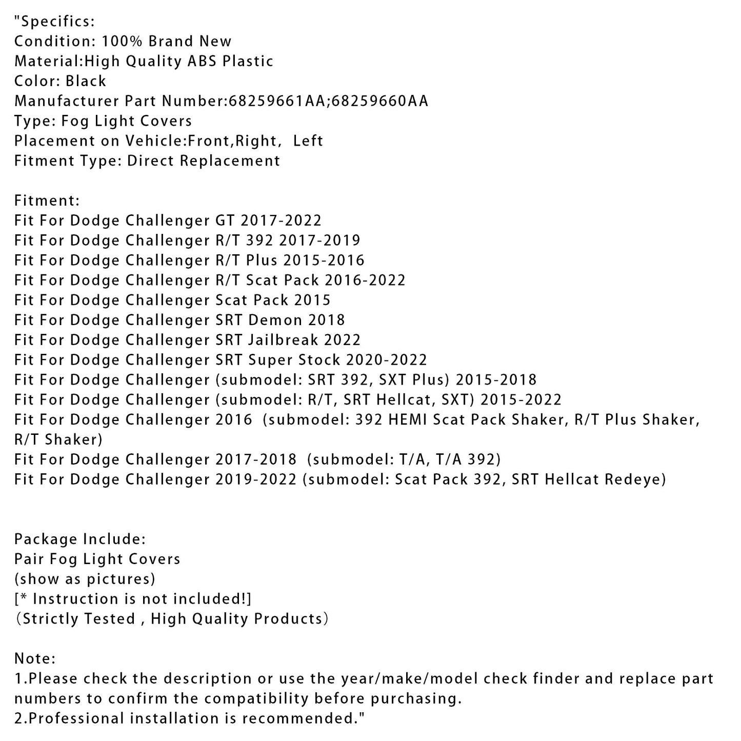 Coppia di coperture per fendinebbia per Dodge Challenger 2015-2022 68259661AA