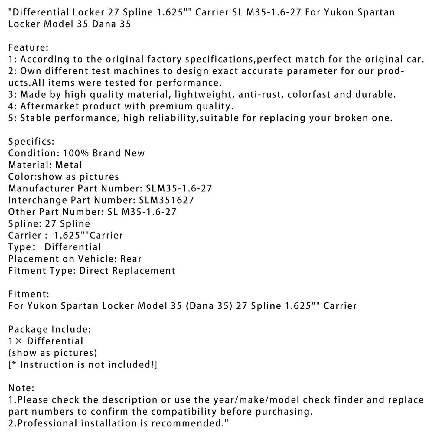 Bloccaggio differenziale 27 scanalature 1.625"" Carrier SL M35-1.6-27 per Yukon Spartan