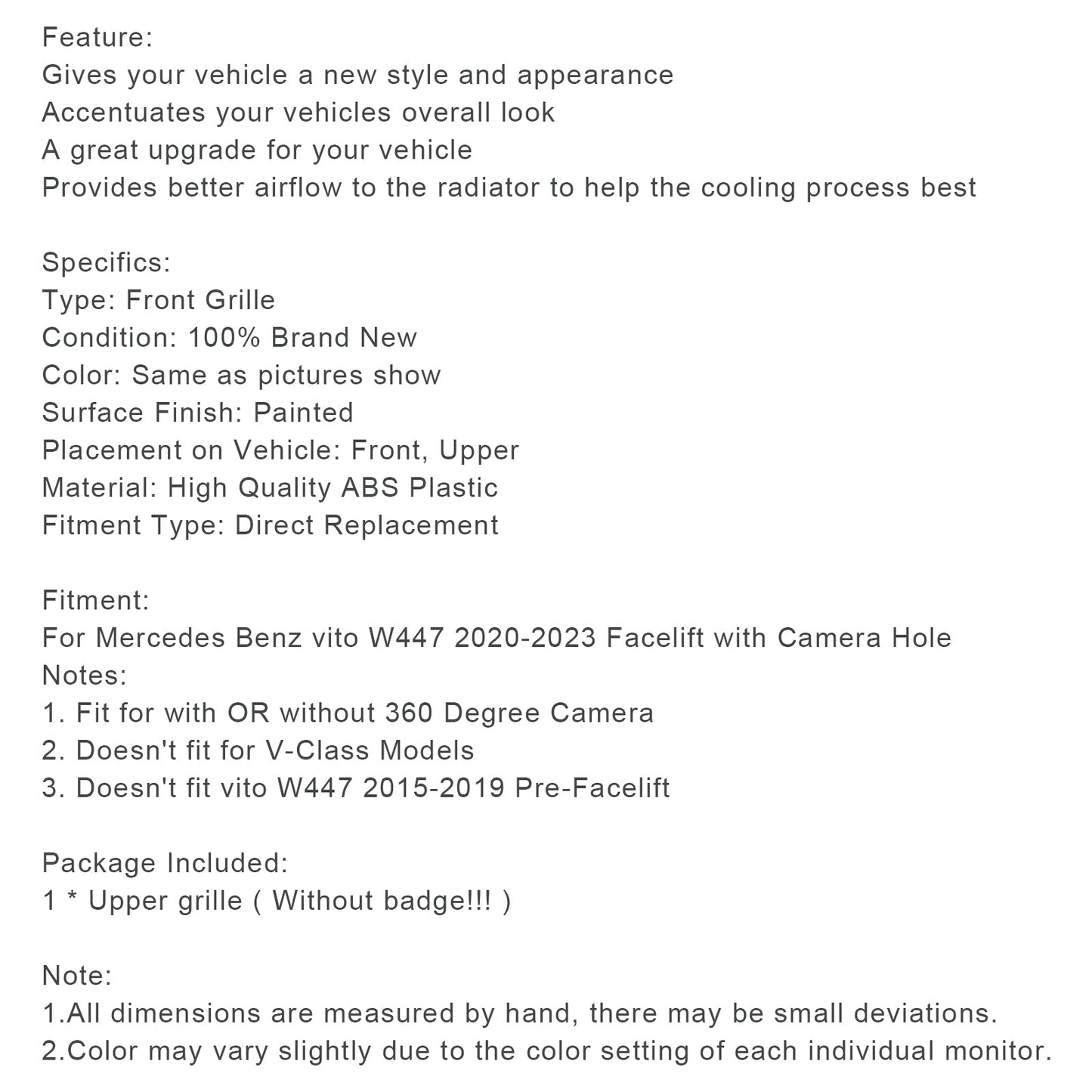 2020-2023 Facelift Mercedes Benz vito W447 Griglia anteriore Nera