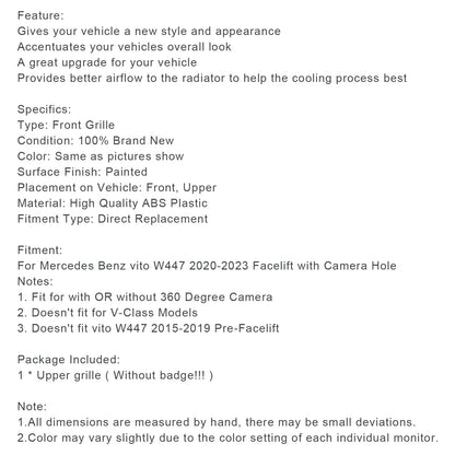 2020-2023 Facelift Mercedes Benz vito W447 Griglia anteriore Nera