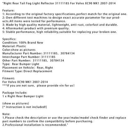 Riflettore fendinebbia posteriore destro Volvo XC90 MK1 2007-2014 31111185