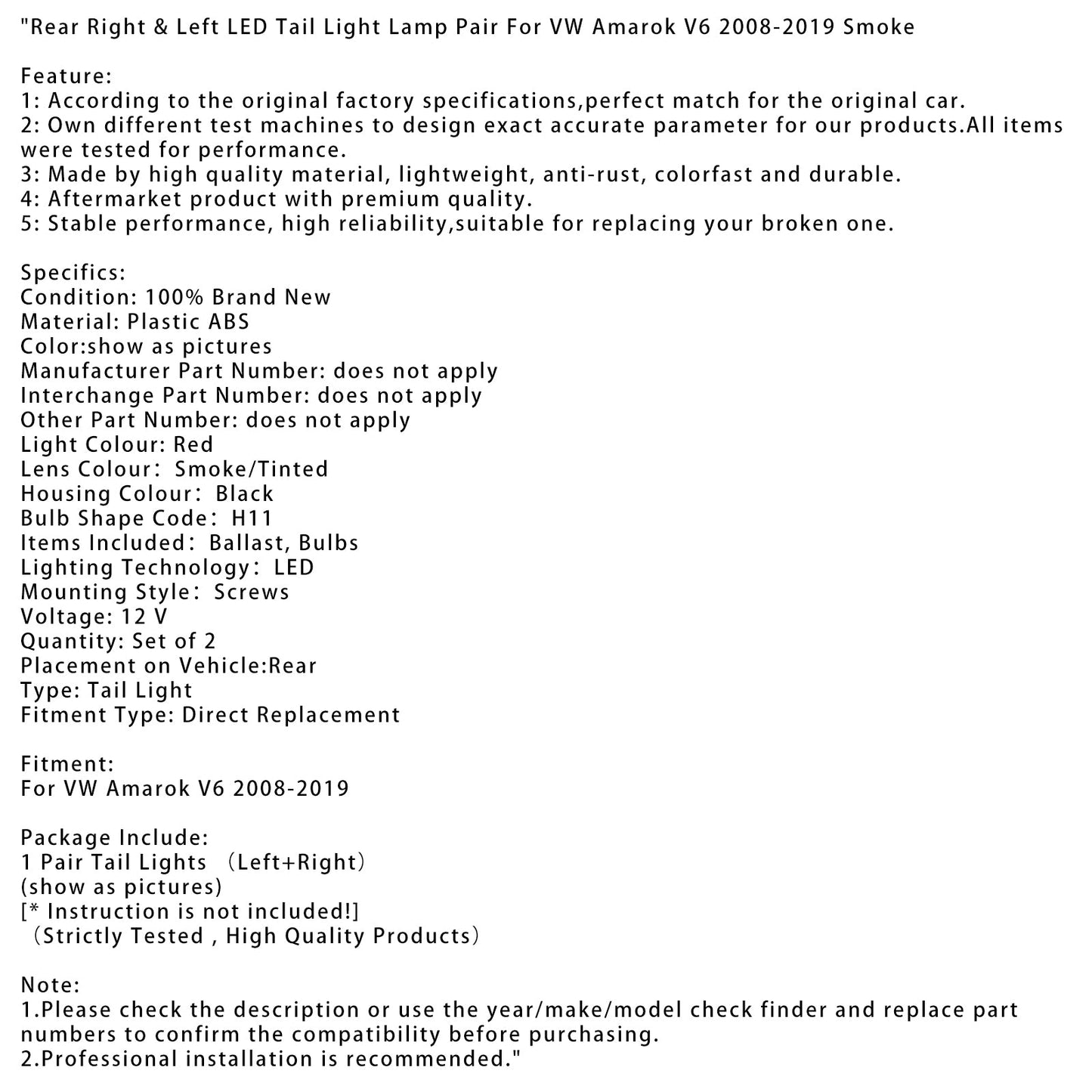 VW Amarok V6 2008-2019 Fanale posteriore a LED destro e sinistro, coppia, fumé