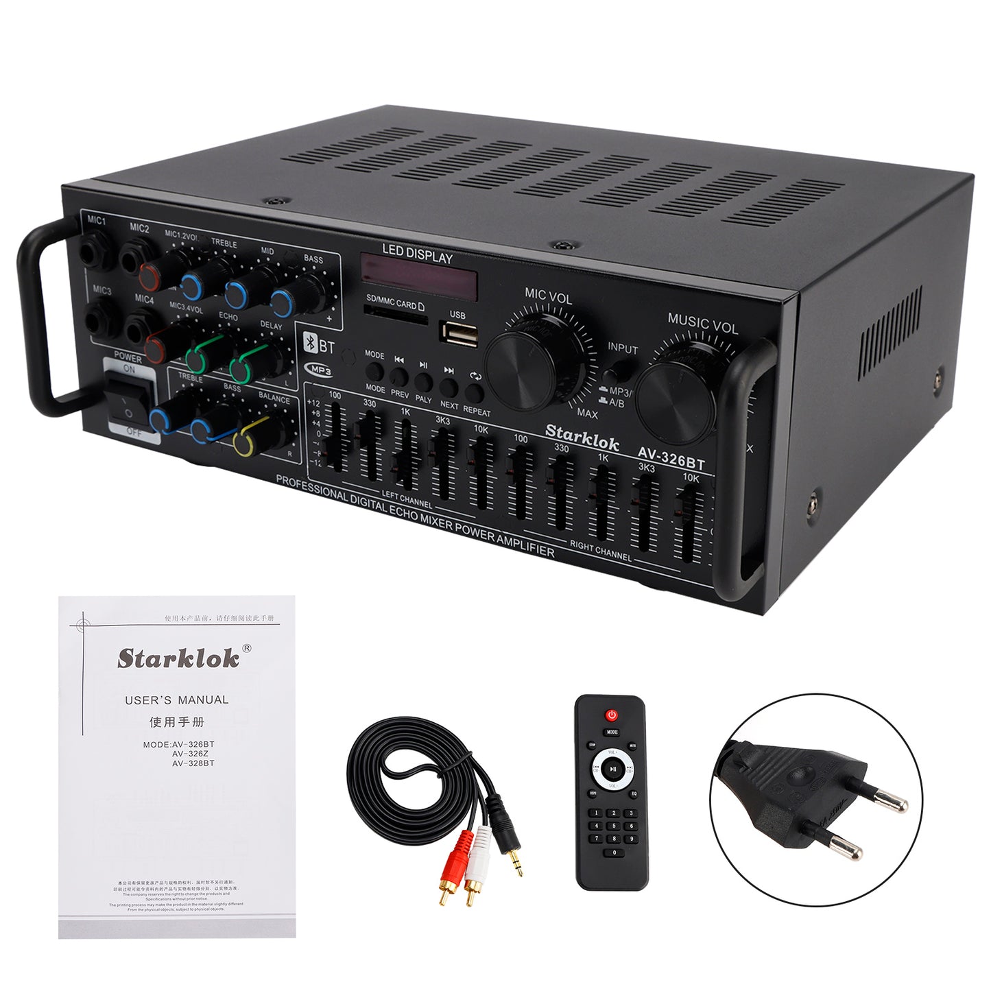 Bluetooth 5.4 HiFi 2500W Peak stereo Karaoke Power Amplificatore FM USB EQ Mixer