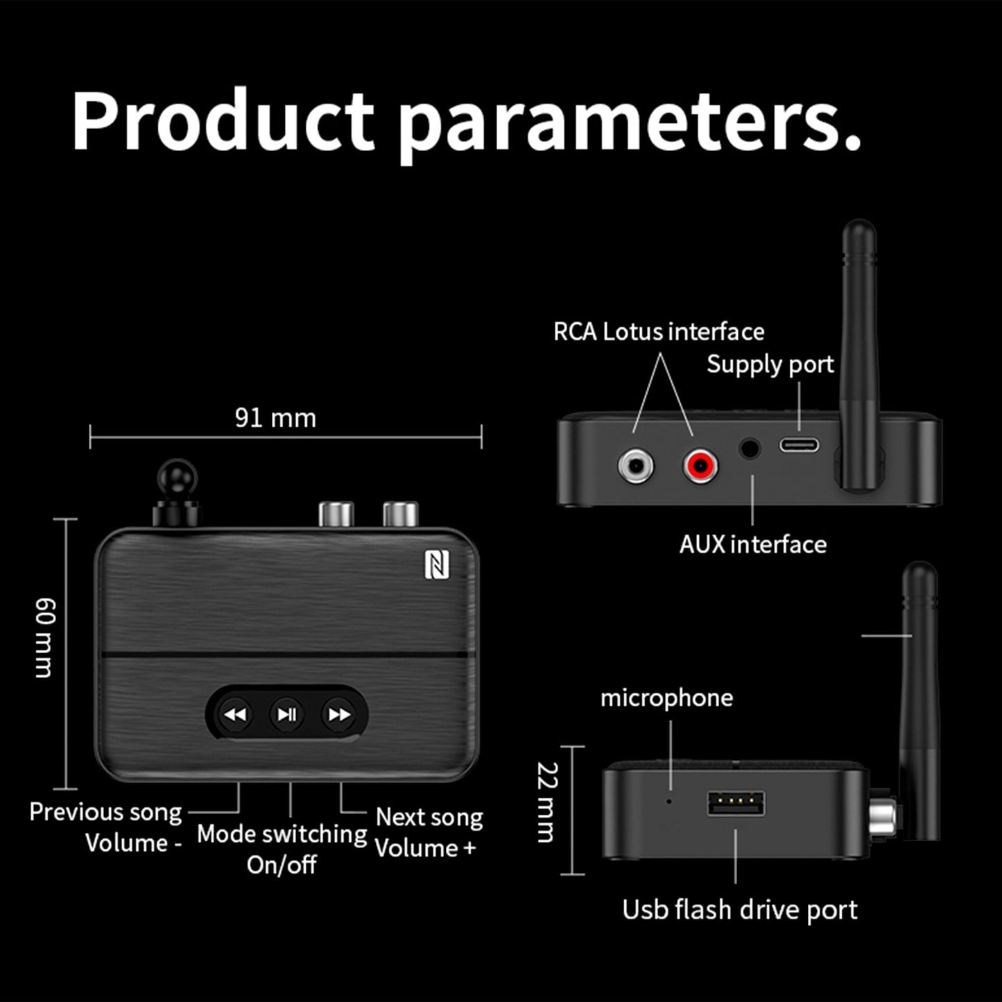 Ricevitore audio Bluetooth 5.4 NFC, amplificatore AUX/RCA, unità flash USB per riprodurre musica