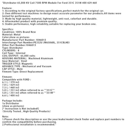 Modulo distributore bobina 65.000 KV 7500 giri/min per Ford 351C 351M 400 429 460