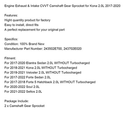 Pignone 243502E700 dell'ingranaggio dell'albero a camme CVVT di scarico e aspirazione del motore Forte Sedan 2.0L 2017-2022
