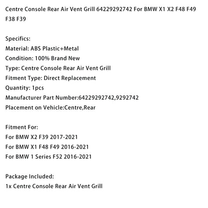 Griglia di ventilazione posteriore della console centrale BMW Serie 1 F52 2016-2021 64229292742