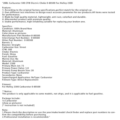2BBL Carburetor 500 CFM Electric Choke 0-80500 Per Holley 2300