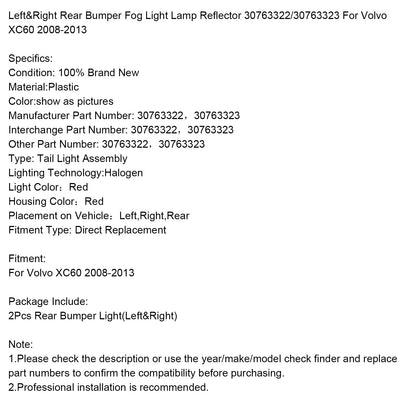 Riflettore della luce fendinebbia del paraurti posteriore sinistro e destro per Volvo XC60 2008-2013