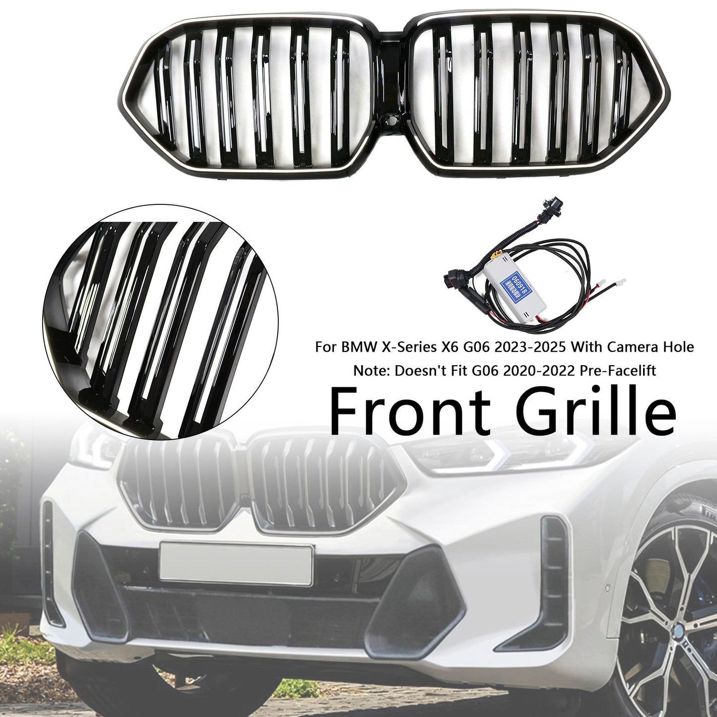 2023-2025 BMW X6 G06 M60i con foro per telecamera, griglia paraurti anteriore a doppia stecca