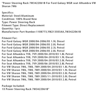 2000/04-2010/03 VW Sharan 7M6, 7M8, 7M9 1.9L Diesel Servosterzo Cremagliera 7M3422061B 1108773