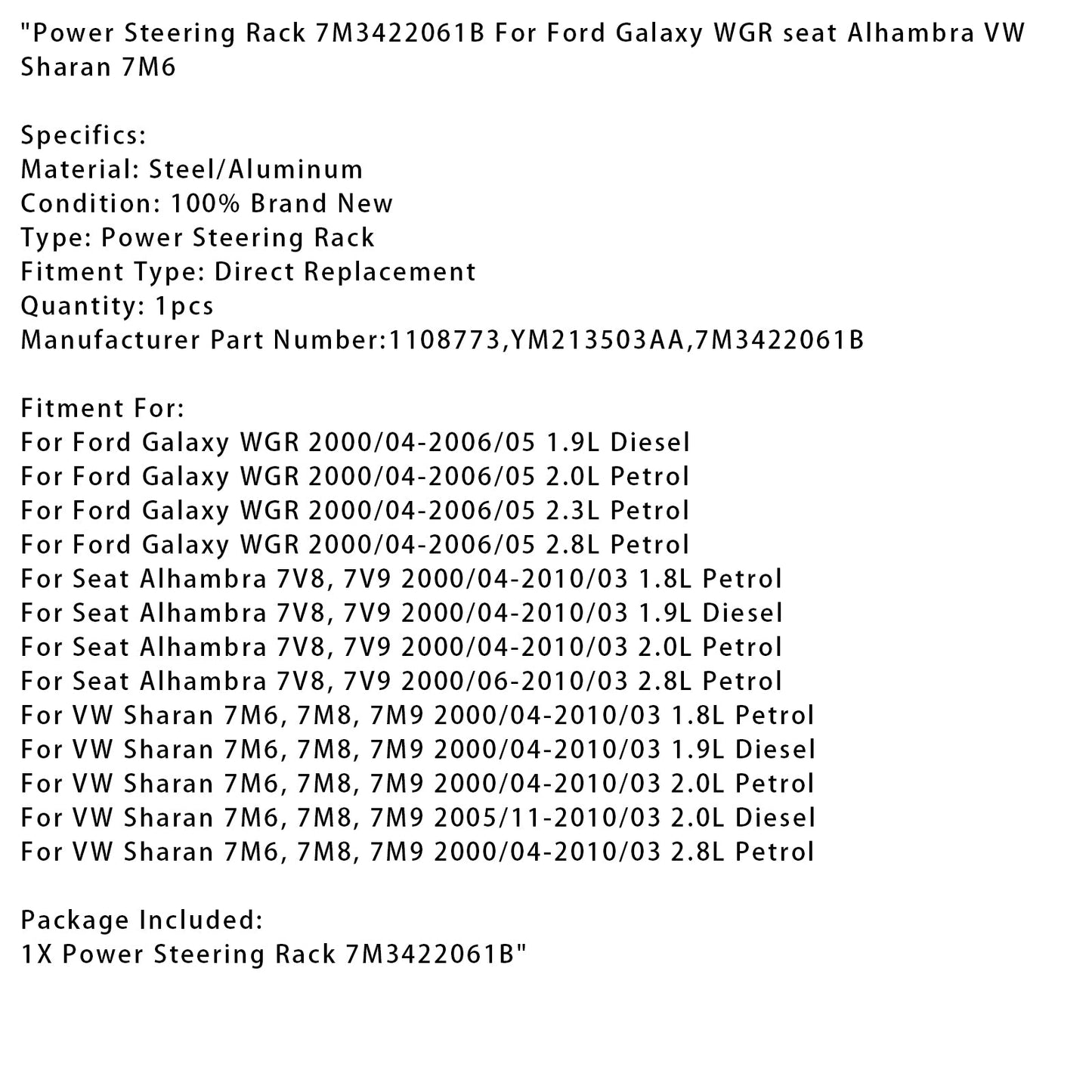 Cremagliera del servosterzo diesel Ford Galaxy WGR 1.9L 2000/04-2006/05 7M3422061B 1108773