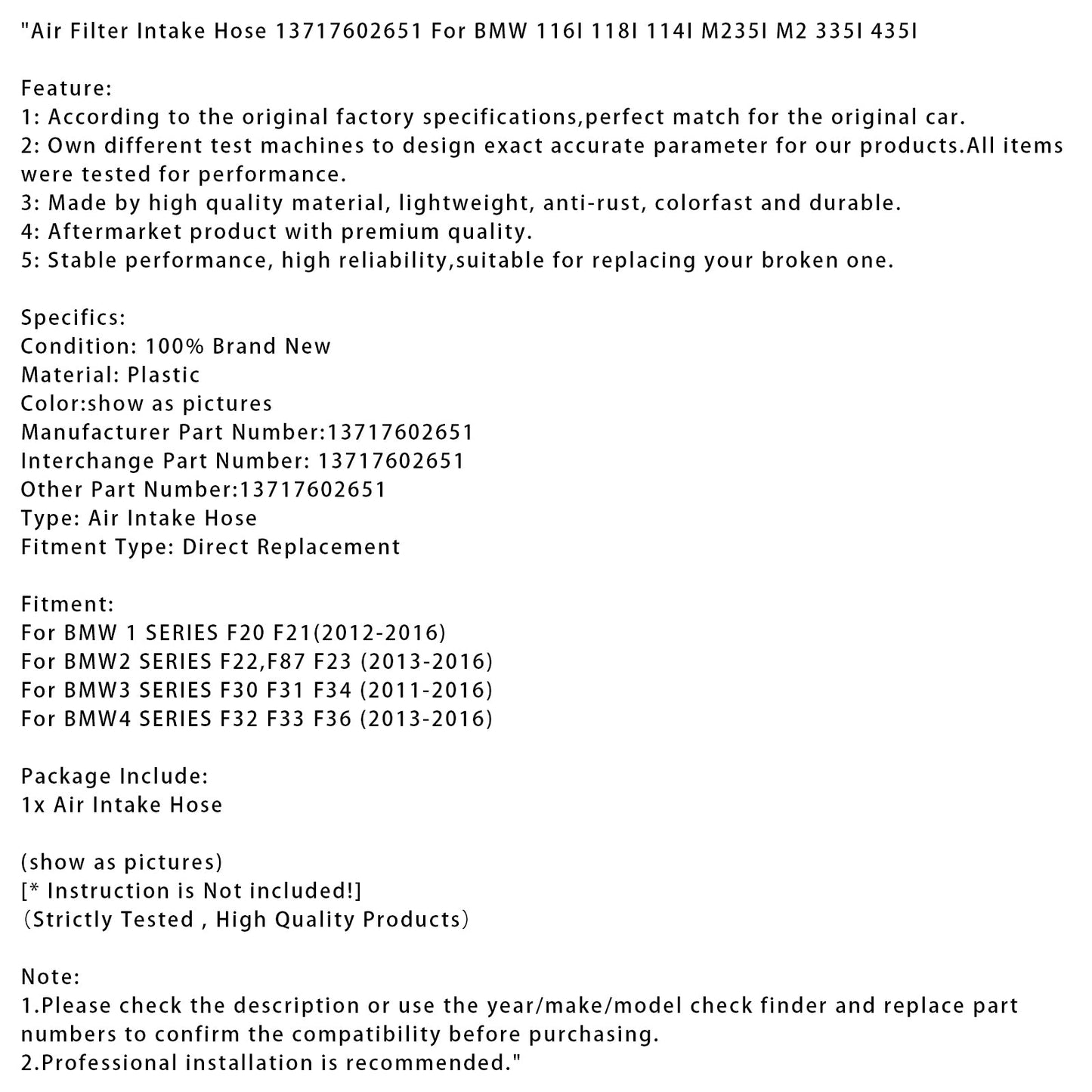 Tubo di aspirazione del filtro dell'aria 13717602651 per BMW 116I 118I 114I M235I M2 335I 435I