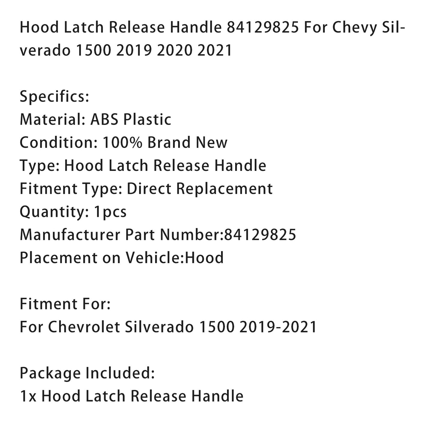 Maniglia di rilascio del cofano del Chevy Silverado 1500 2019 2020 2021 84129825