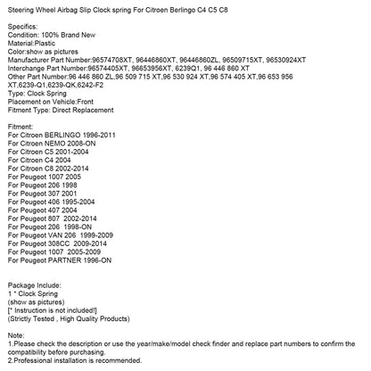 Molla di slittamento dell'airbag del volante per Citroen Berlingo C4 C5 C8