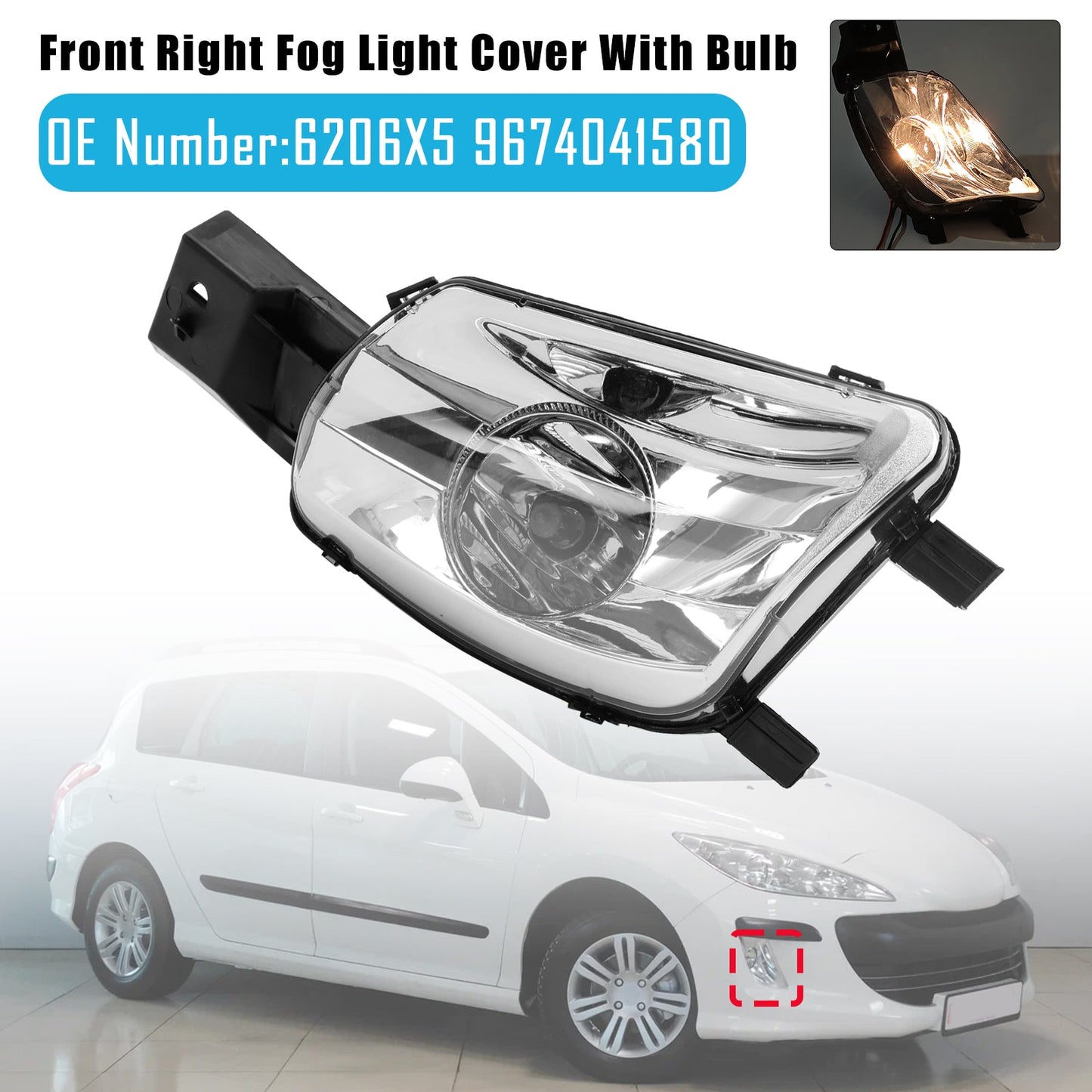 Copertura fendinebbia anteriore destra con lampadina per Peugeot 308 CC 4B Hatchback 2007-2014