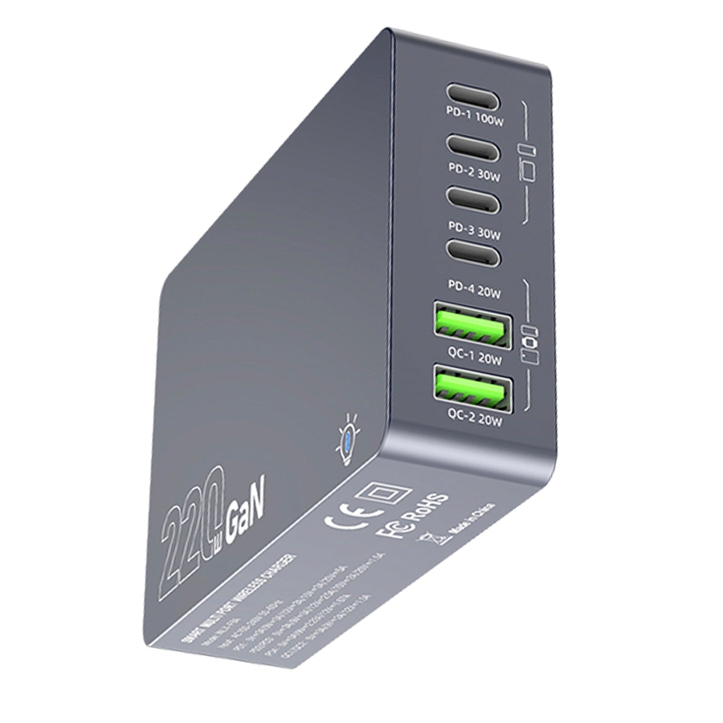 Stazione di ricarica da tavolo F8A Caricabatterie rapido USB a 6 porte Supporto di ricarica PD100W Caricabatterie intelligente Spina UE