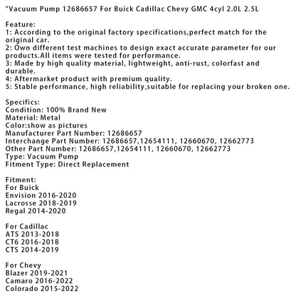 Pompa del vuoto Chevy Impala 2014-2019 12686657 12654111