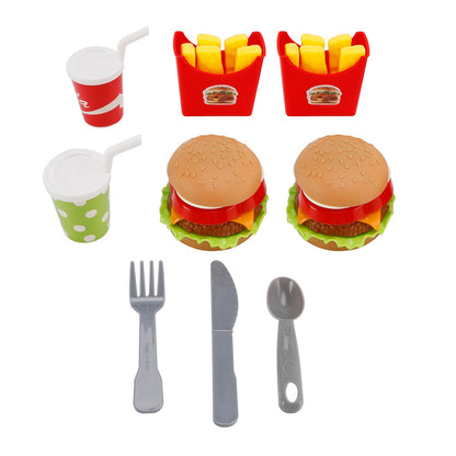 Set da cucina giocattolo per bambini con hamburger, waffle, patatine fritte, bevande e cibo finto.