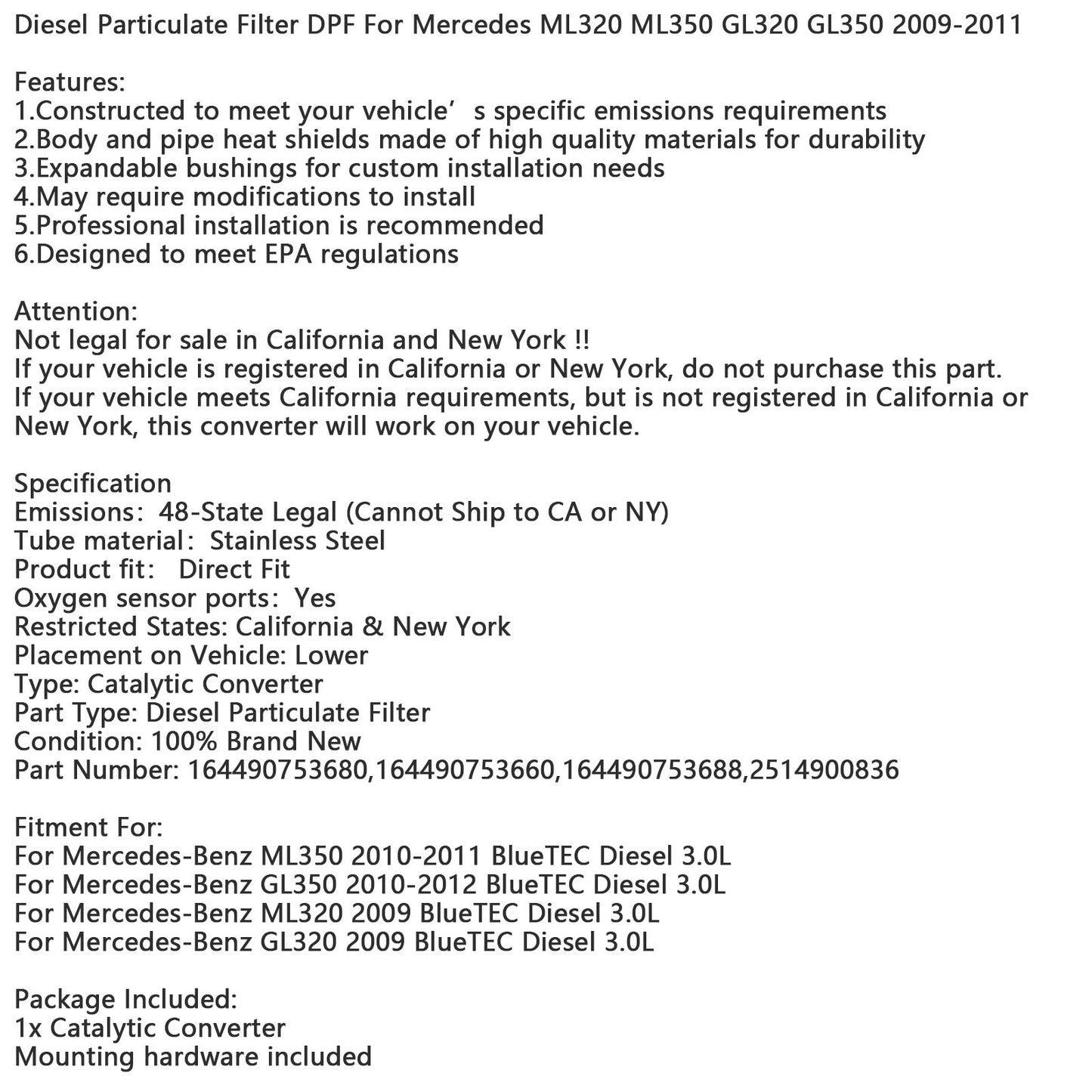 Filtro antiparticolato diesel DPF Mercedes-Benz GL350 BlueTEC Diesel 3.0L 2010-2012 164490753680 164490753660