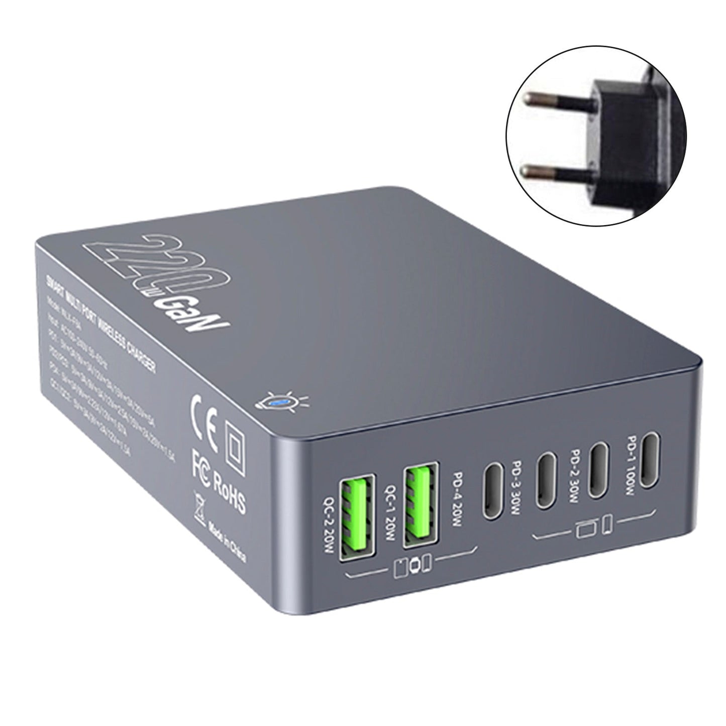 Stazione di ricarica da tavolo F8A Caricabatterie rapido USB a 6 porte Supporto di ricarica PD100W Caricabatterie intelligente Spina UE