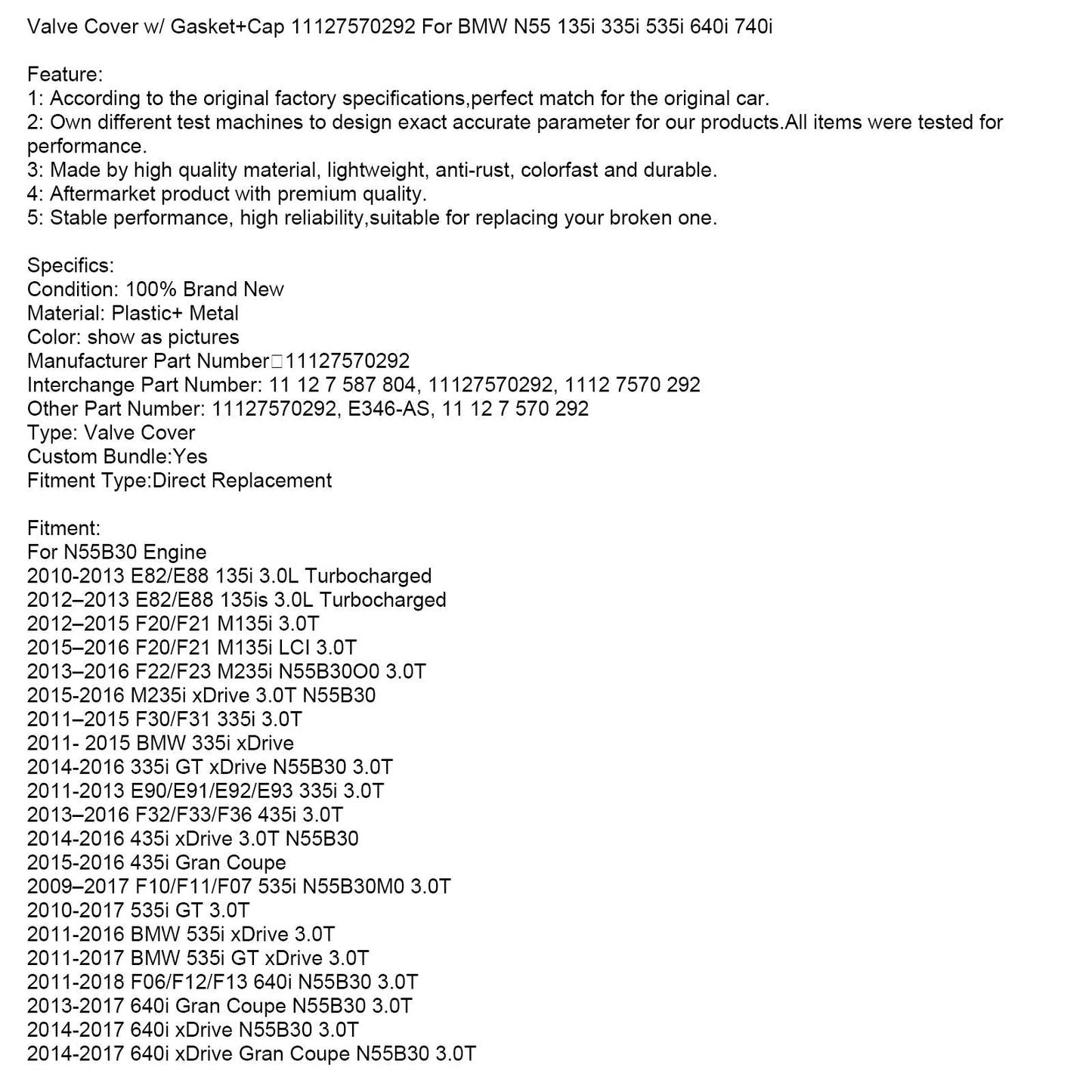 Coperchio valvola BMW F01 740i/Li 3.0T 2012–2015 con guarnizione+tappo 11127570292