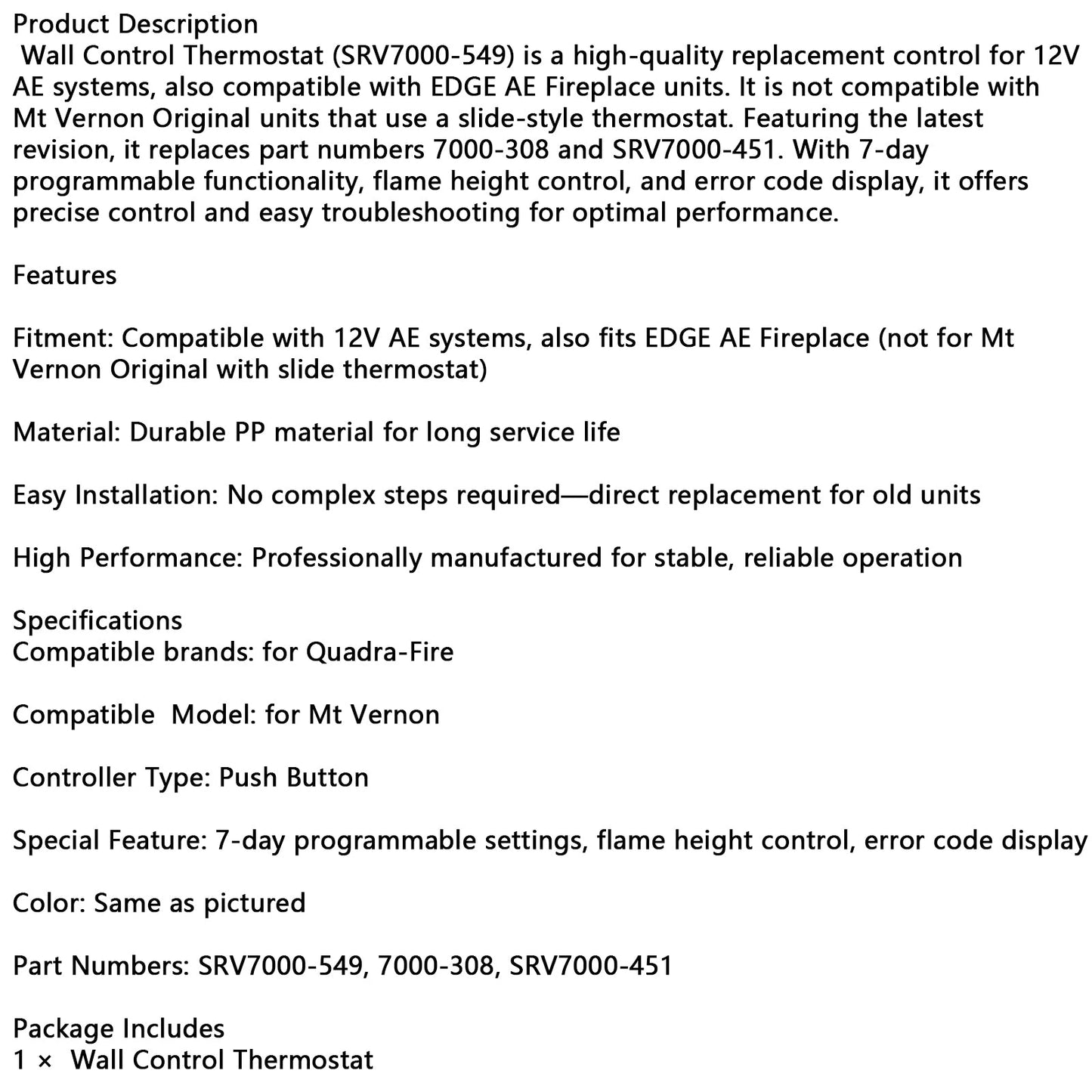 Termostato di controllo a parete SRV7000-549 compatibile con QuadraFire MT Vernon AE