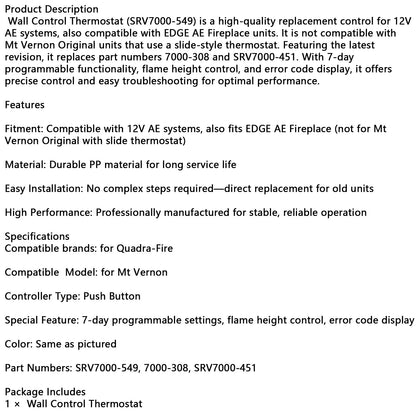 Termostato di controllo a parete SRV7000-549 compatibile con QuadraFire MT Vernon AE