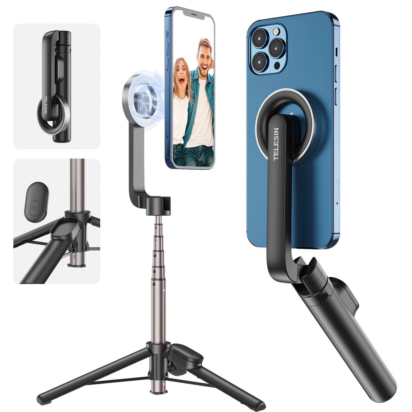 Mini bastone per selfie magnetico per telefono cellulare Magesafe Bluetooth in lega di alluminio con treppiede