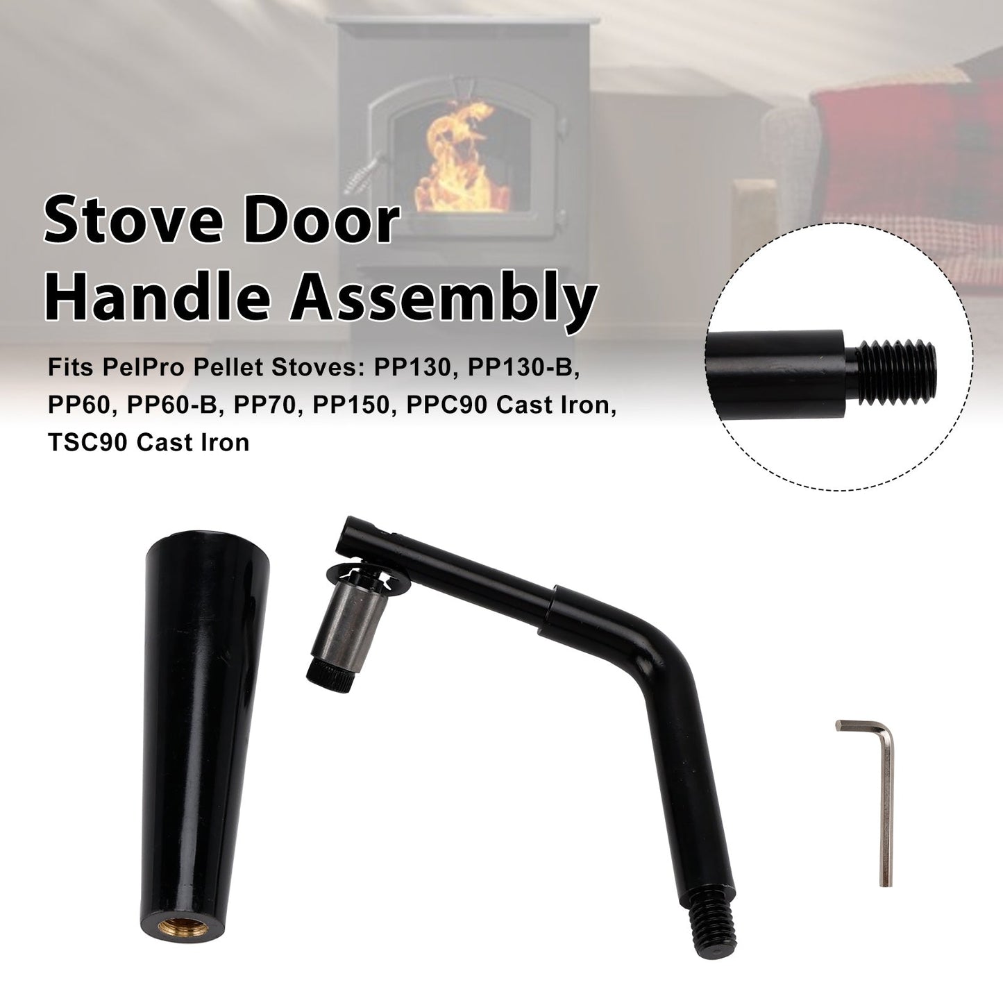 Gruppo maniglia porta filettata Quadra-Fire Stoves Outfitter-I/II per stufe PelPro PP60 PP70 PP130 PP150 PPC90 TSC90 Stufe Pleasant Hearth PH35PS PH50CABPS PH50PS # SRV7093-024D
