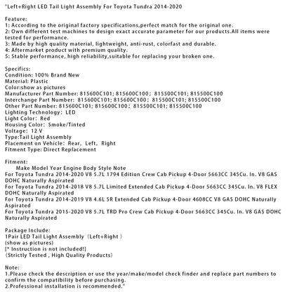 Gruppo ottico posteriore a LED sinistro e destro per Toyota Tundra 2014-2020 815600C101 815600C100