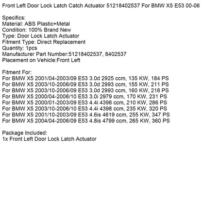 2003/10-2006/09 BMW X5 E53 3.0d 2993 ccm, 155 KW, 211 CV Attuatore di bloccaggio della portiera anteriore sinistra 51218402537