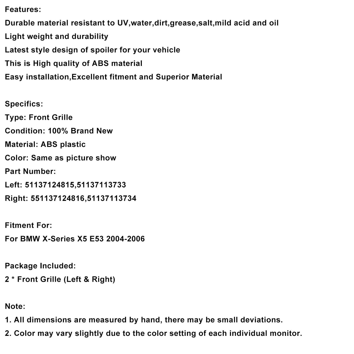 Griglia anteriore a doppio rene nera lucida BMW X-Series X5 E53 2004-2006