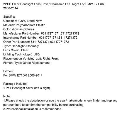 Coprilente trasparente per fari anteriori BMW E71 X6 2008-2014, sinistra e destra.