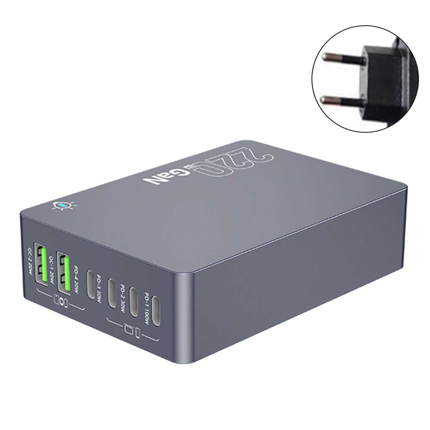 Stazione di ricarica da tavolo F8A Caricabatterie rapido USB a 6 porte Supporto di ricarica PD100W Caricabatterie intelligente Spina UE