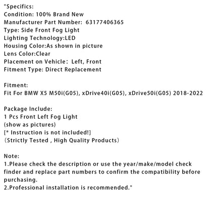 BMW X5 G05 2018-2022 1 pezzo Fendinebbia anteriore sinistro a LED 63177406365