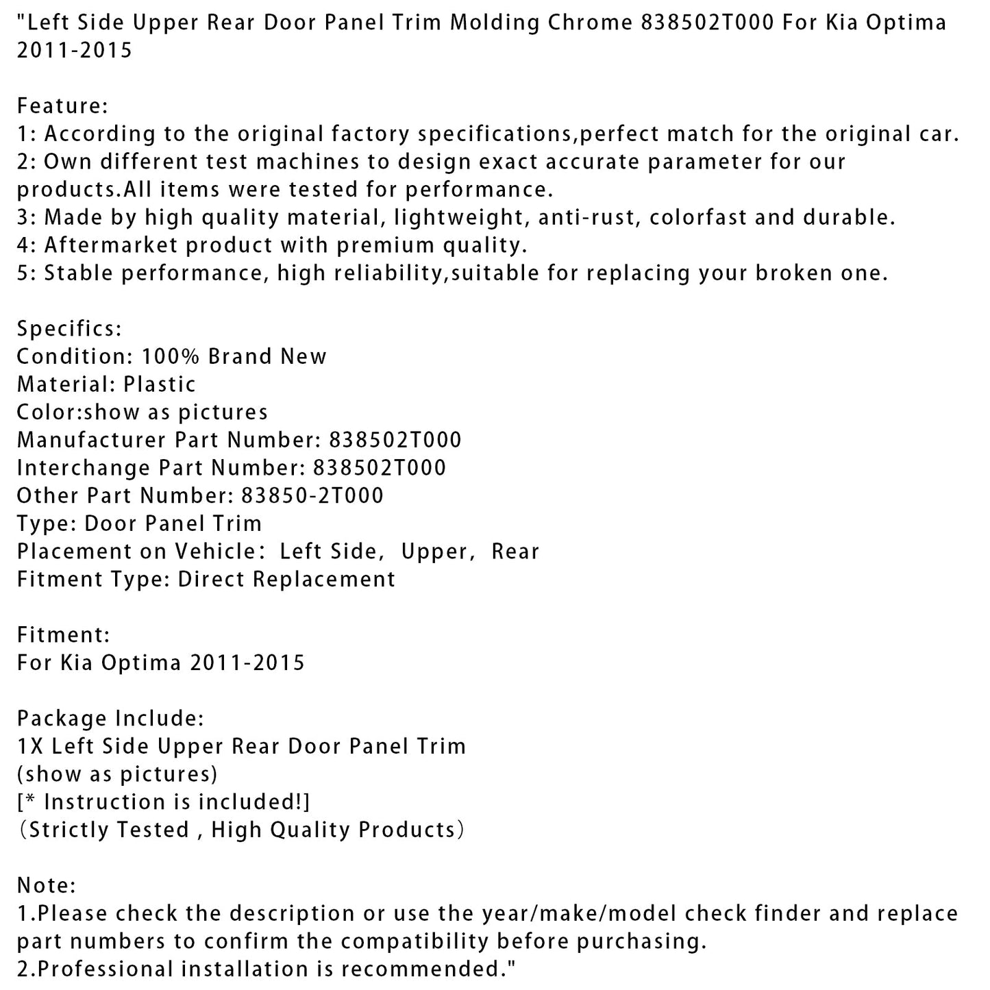 Modanatura cromata per pannello porta posteriore superiore lato sinistro Kia Optima 2011-2015