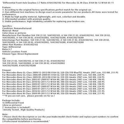 2006/09-2009/05 Mercedes-Benz Classe GL X164 GL 320 CDi 4matic Differenziale Assale Anteriore Cambio Rapporto 3.7 164330210280