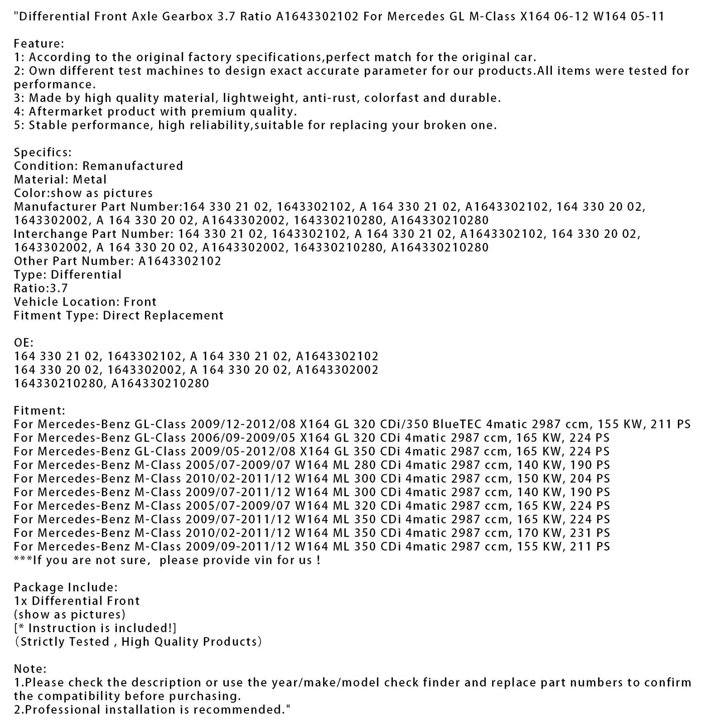 2005/07-2009/07 Mercedes-Benz Classe M W164 ML 320 CDi 4matic Differenziale Assale Anteriore Cambio Rapporto 3.7 164330210280