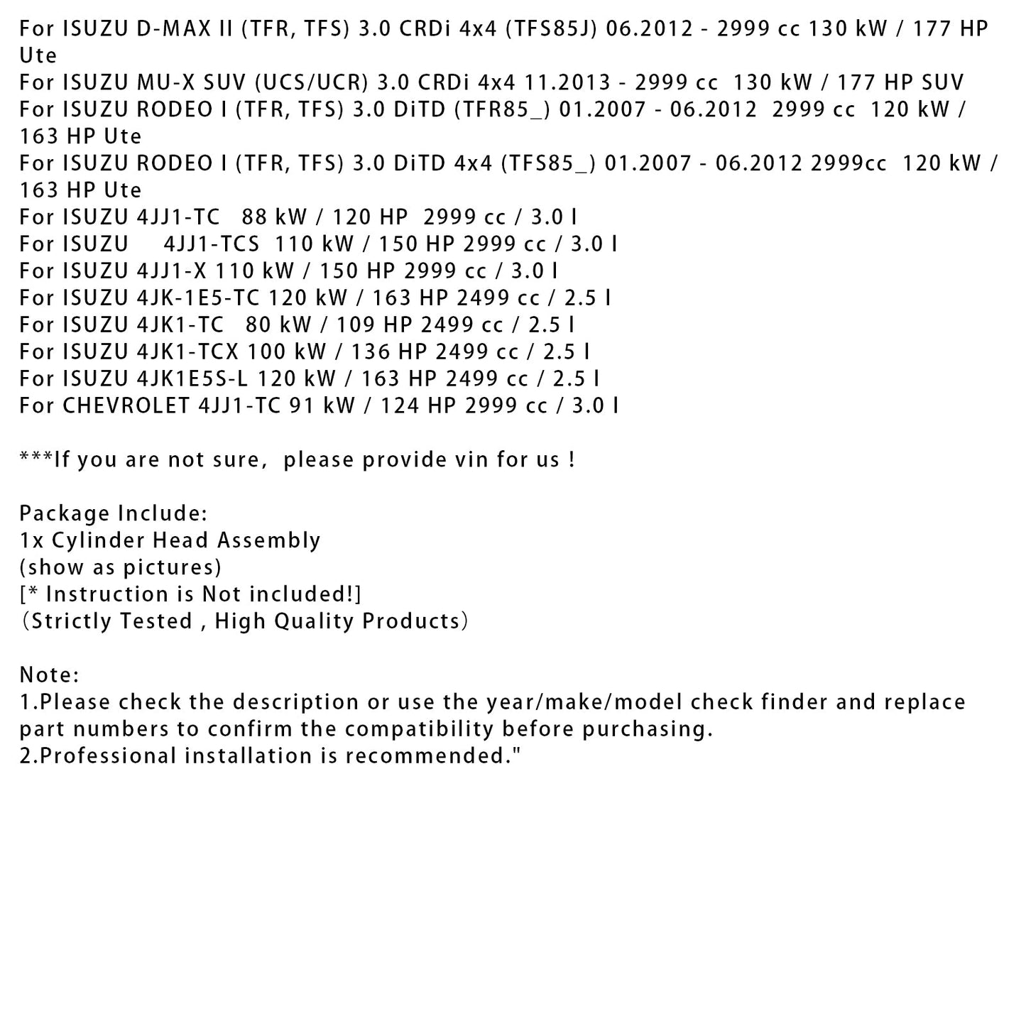 06.2012-up ISUZU D-MAX II (TFR, TFS) 3.0 CRDi (TFR85J) Testata cilindro completamente assemblata 4JJ1-TC 4JK1-TC
