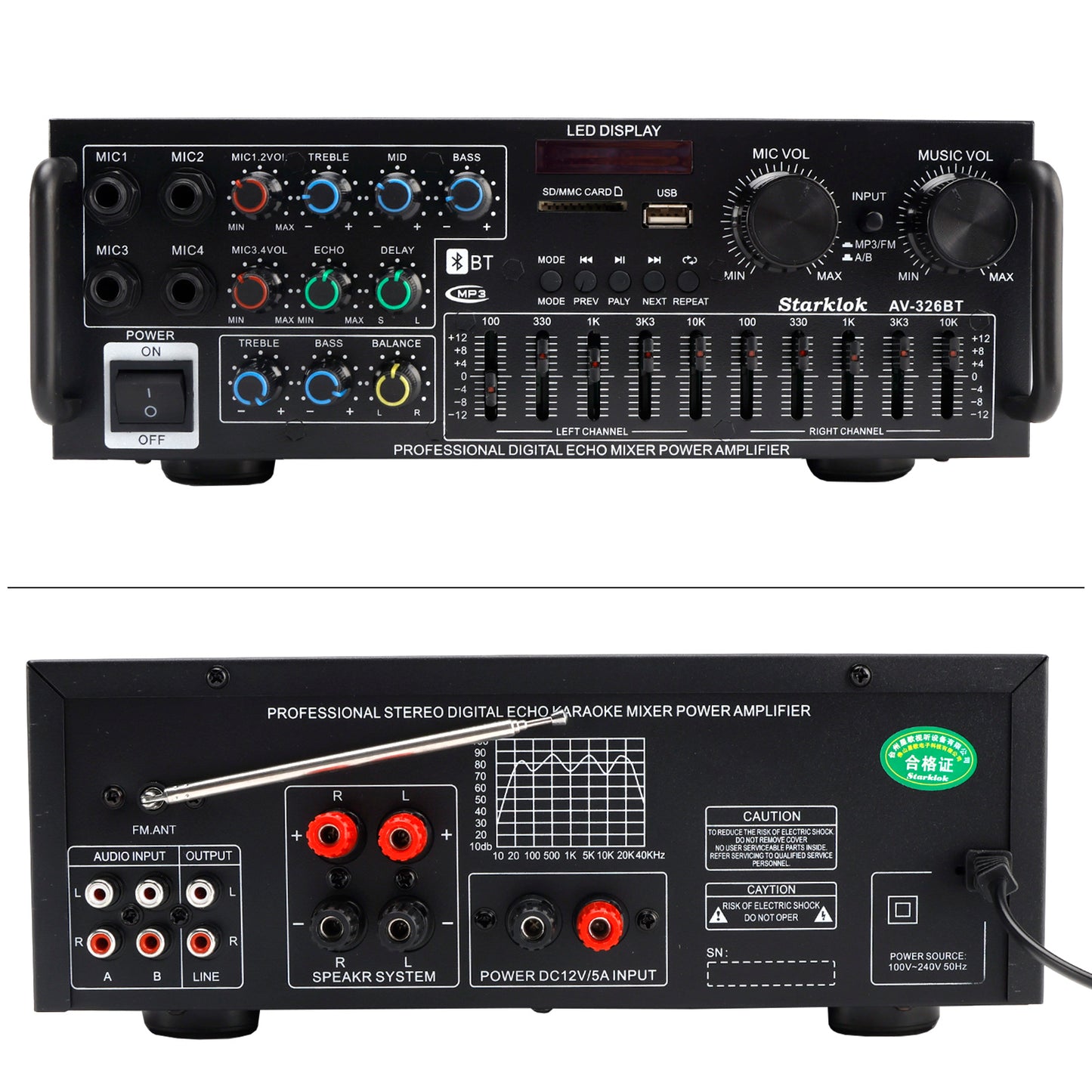 Bluetooth 5.4 HiFi 2500W Peak stereo Karaoke Power Amplificatore FM USB EQ Mixer