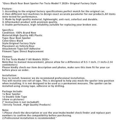 Spoiler posteriore nero lucido per Tesla Model Y 2020+, stile originale di fabbrica