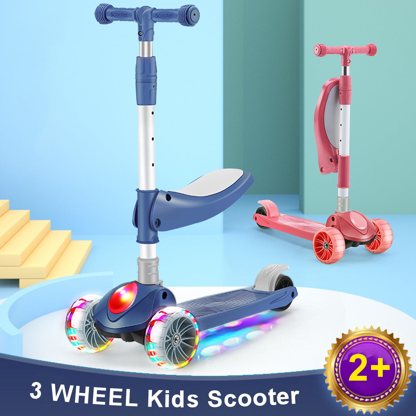 2-in-1 bambini scooter pieghevole seduta luce 3 ruote regolabile pieghevole barra blu/rosa